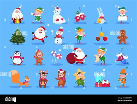 Winter characters. Cartoon santa, elves and winter christmas animals, snowman and kids. Winter ...