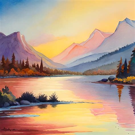 Premium AI Image | A painting of a mountain lake with a sunset in the ...