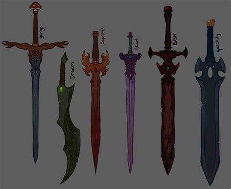 six different types of swords with various designs on them, all in different colors and sizes