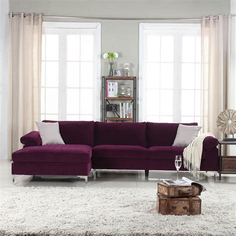 Modern Velvet Fabric Sectional Sofa, Large L-Shape Couch with Wide Chaise Lounge, Purple ...