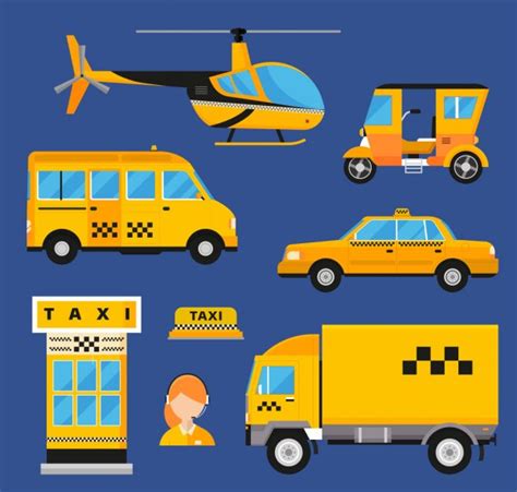 Different types of taxi transport. Cars, helicopter, van truck, bike and motorcycle Stock Vector ...