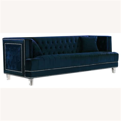 Sofa In Navy Velvet W/ Custom Tufted Nail Head - AptDeco