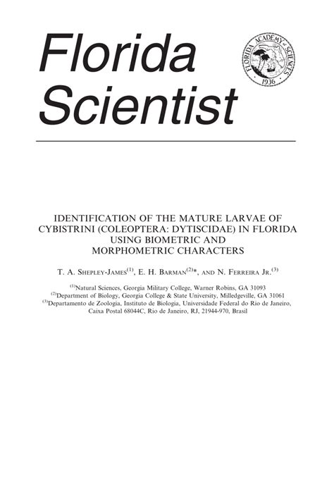 (PDF) IDENTIFICATION OF THE MATURE LARVAE OF CYBISTRINI (COLEOPTERA: DYTISCIDAE) IN FLORIDA ...