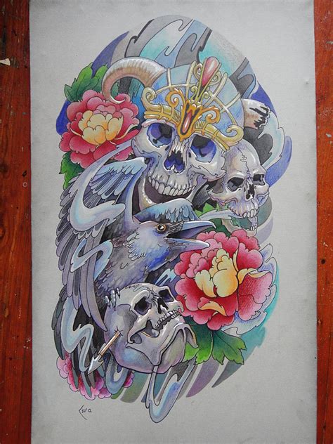 Tattoo design Skulls and crow - sleeve by Xenija88 on DeviantArt