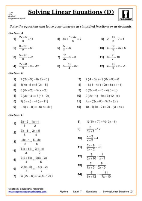 Linear Equation Worksheet With Answers - Zipworksheet.com