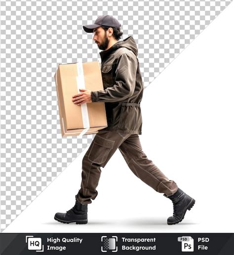 Premium PSD | Delivery man with cardboard box black and gray outfit