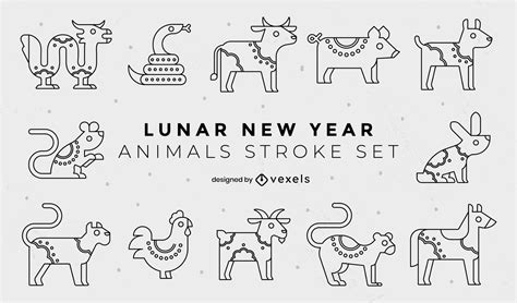 Lunar New Year Animals Stroke Set Vector Download