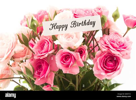 Happy Birthday Card with Bouquet of Pink Roses Stock Photo: 111732584 - Alamy