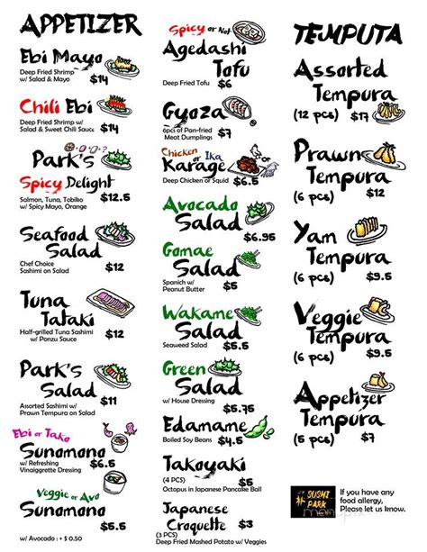 Menu of Sushi Park in St. Albert, AB T8N