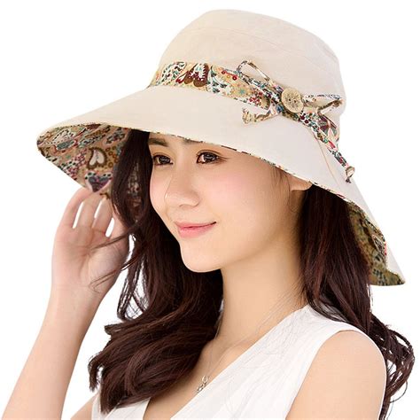 Women Sun Hat Summer Reversible Beach Foldable Wide Brim Cap Protection ...