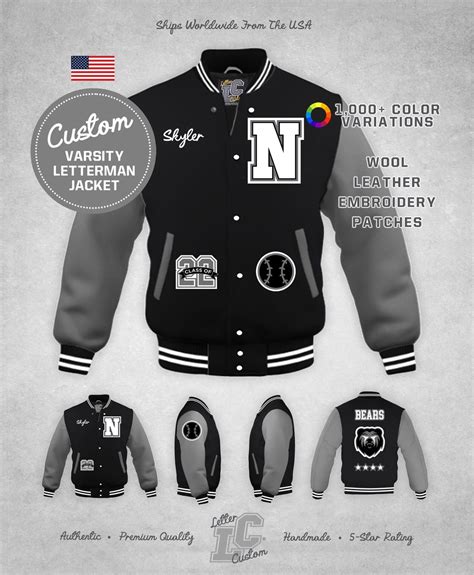 Custom Varsity Letterman Baseball Jacket Gray Leather & Black Wool High School Chenille Patches ...