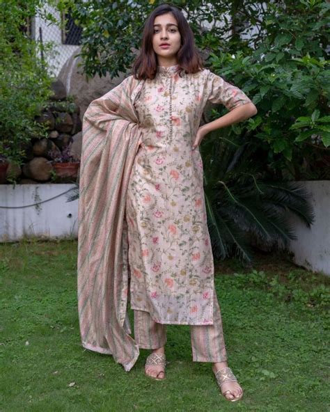 Shop Beige floral printed mandarin kurta with pants and dupatta - Set ...