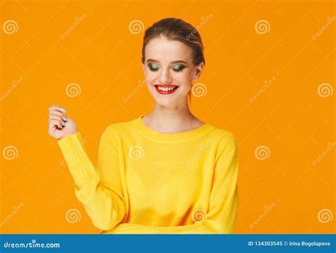 Colorful Makeup Woman Red Lips in Yellow Clothes on Color Happy Summer Fashion Background ...