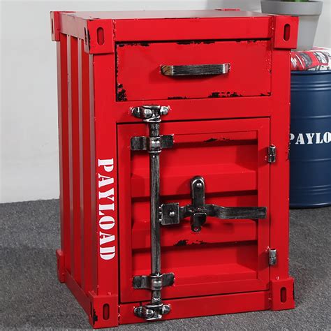 Industrial Loft Red Nightstand Retro Bedside Storage Cabinet with Door & Drawer-Homary