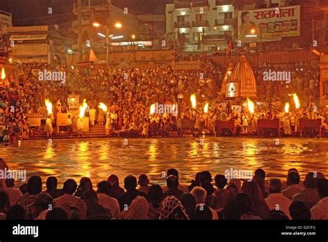 Evening Ganga Aarti or offerings to the holy Ganga river, Har ki Paudi, Haridwar, Uttarakhand ...