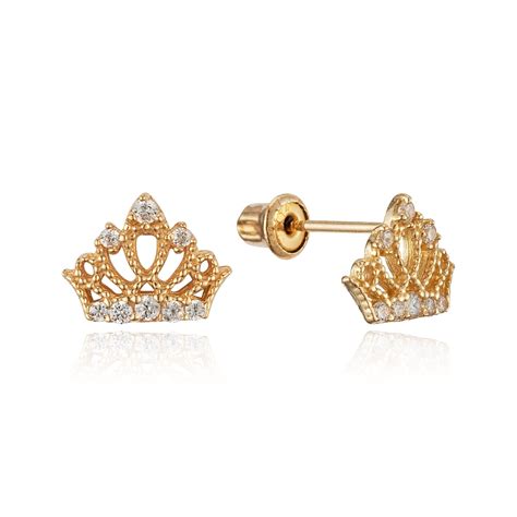 Lovearing - 14k Yellow Gold Princess Crown Cubic Zirconia Children Screwback Baby Girls Stud ...