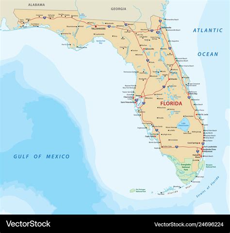 Florida road map with national parks Royalty Free Vector