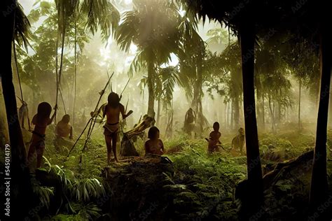 Indigenous tribe people of the amazonian tribes in a tropical jungle environment. Foraging and ...