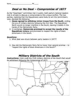 Compromise of 1877 & Military Districts Map Activity / The End of ...