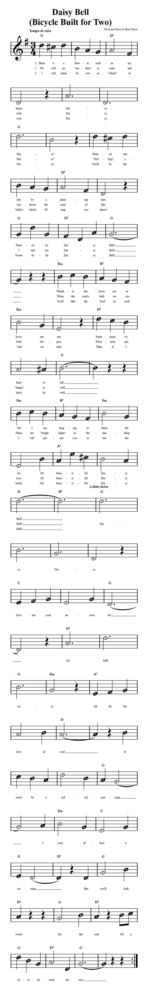 Daisy Bell: Beginner Sheet Music with Chords and Lyrics