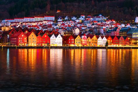 View of Harbour Old Town Bryggen in Bergen, Norway during the Night ...