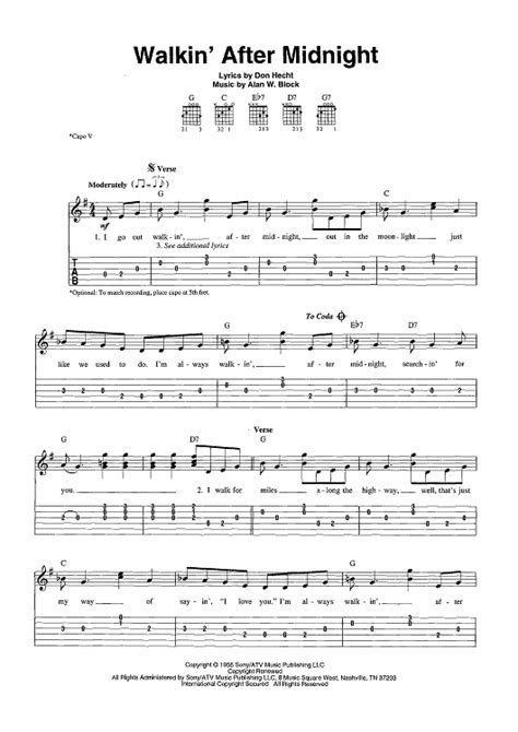 Buy "Walkin' After Midnight" Sheet Music by Patsy Cline for Easy Guitar Tab/Vocal/Chords