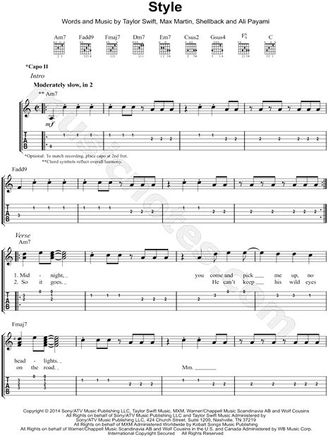 Taylor Swift "Style" Guitar Tab in C Major - Download & Print - SKU ...