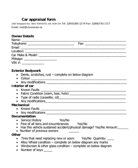 Free Printable Vehicle Appraisal Form - Printable Forms Free Online