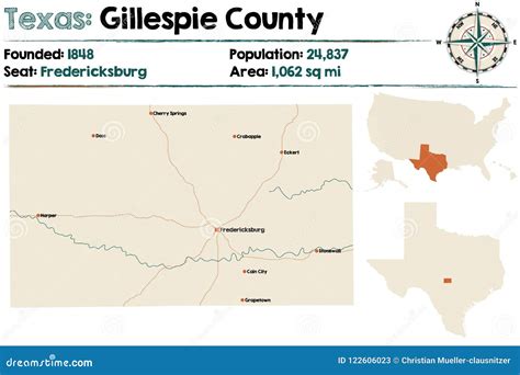 Map of Gillespie County in Texas Stock Vector - Illustration of compass ...