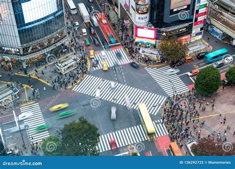 Tokyo, Japan - Nov 08 2017 : Aerial View of Pedestrians Walking Across with Crowded Traffic at ...