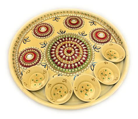 Buy MOONCEE 11 Inch Pooja Thali Set With 5 Small Diya, Handcrafted Kundan Studded Colorful Polki ...