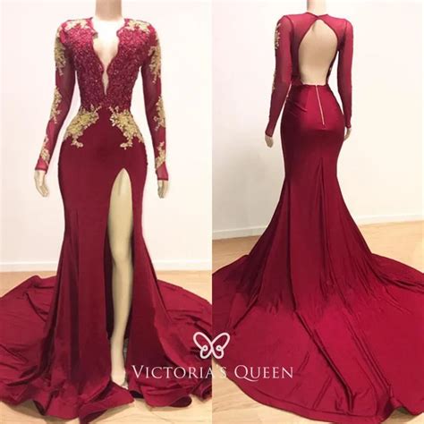 Long Sleeve Red and Gold Lace Appliqued Prom Dress - VQ