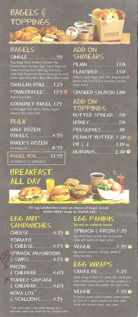 Breakfast Menu of Noah's Bagels in Larchmont LA