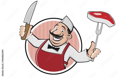 funny cartoon logo of a butcher with steak and knife Stock Vector ...