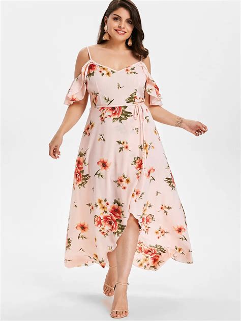 Wipalo Plus Size Cold Shoulder Belt Overlap Floral Print Dress Women ...