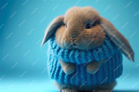 Premium Photo | Cute fluffy bunny in blue sweater with floppy ears on bright background