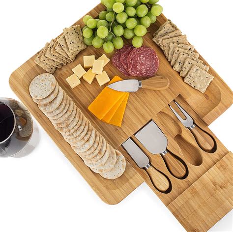 Bamboo Cheese Board Set With Cutlery In Slide-Out Drawer Including 4 Stainless Steel Serving ...