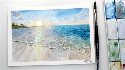 Watercolor SEASCAPE - sea beach with sunset painting easy - YouTube