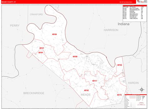 Meade County, KY Zip Code Wall Map Red Line Style by MarketMAPS - MapSales