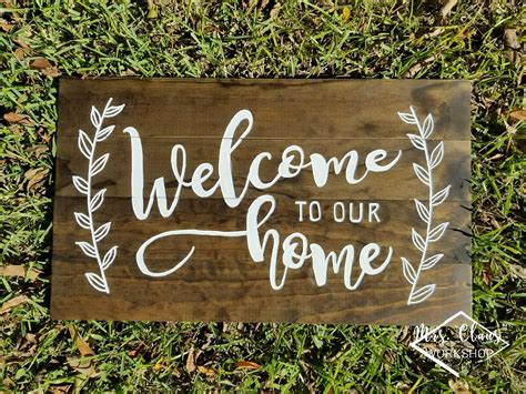 Hand Carved Welcome to our Home Sign - Farmhouse Wood Sign - Rustic Entry Sign - Housewarming ...