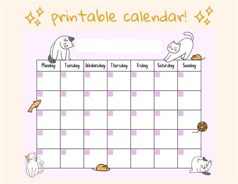 Cute Cat Open Printable Calendar, Digital Download Calendar, Instant ...