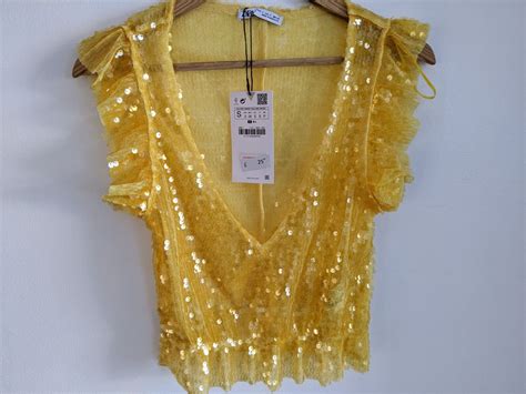 Zara Yellow Sequin Frill Vintage Blouse Crop Top Summer Holiday Party UK S 8 | eBay