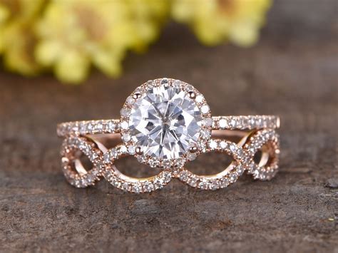 1 Carat Round Moissanite Wedding Sets 14k Rose Gold Diamond Bridal Ring ...