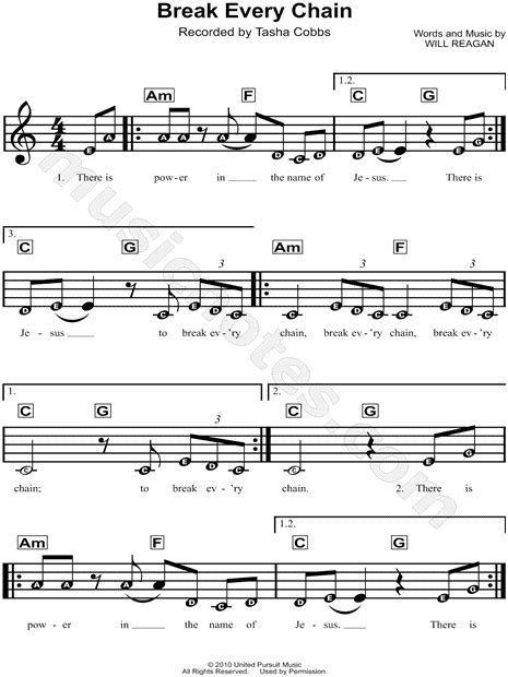 Tasha Cobbs Leonard "Break Every Chain" Sheet Music for Beginners in A ...