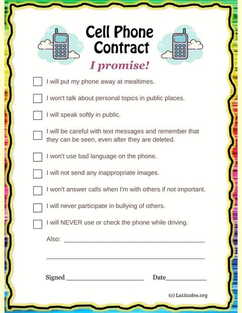 Printable Cell Phone Contract For Tweens Editable