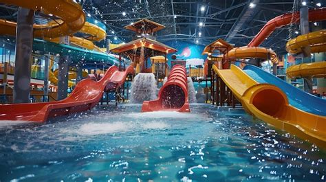 Premium Photo | Indoor water park fun colorful slides and splashing ...