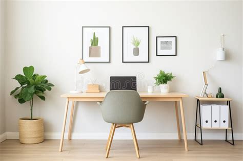 Home Office with Minimalist Desk and Green Plants Stock Photo - Image ...