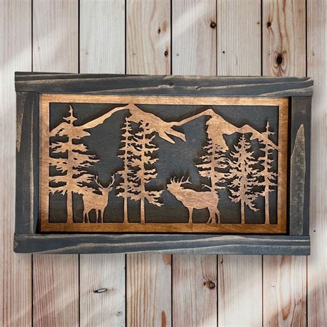 Rustic Wall Decor Elk With Mountains and Trees. Log Cabin - Etsy | Rustic wall decor, Rustic ...