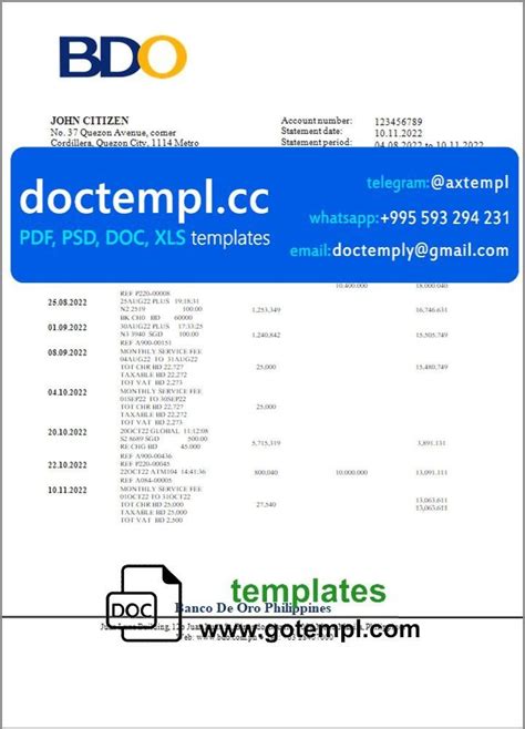 Philippines BDO bank statement template in Word and PDF format【2024】