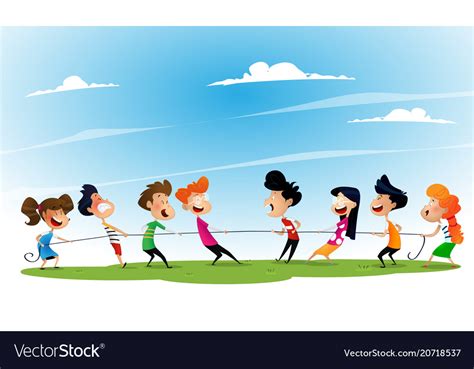 Fun cartoon boys and girls pulling rope Royalty Free Vector